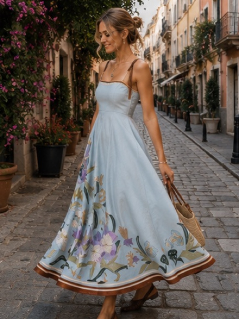Alemais Pale Blue Floral Maxi Dress with Brown Trim